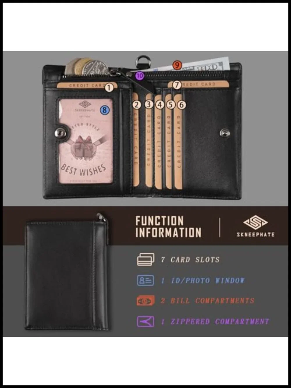 Mens Leather Bifold Wallet with Chain RFID Blocking Skull Design
